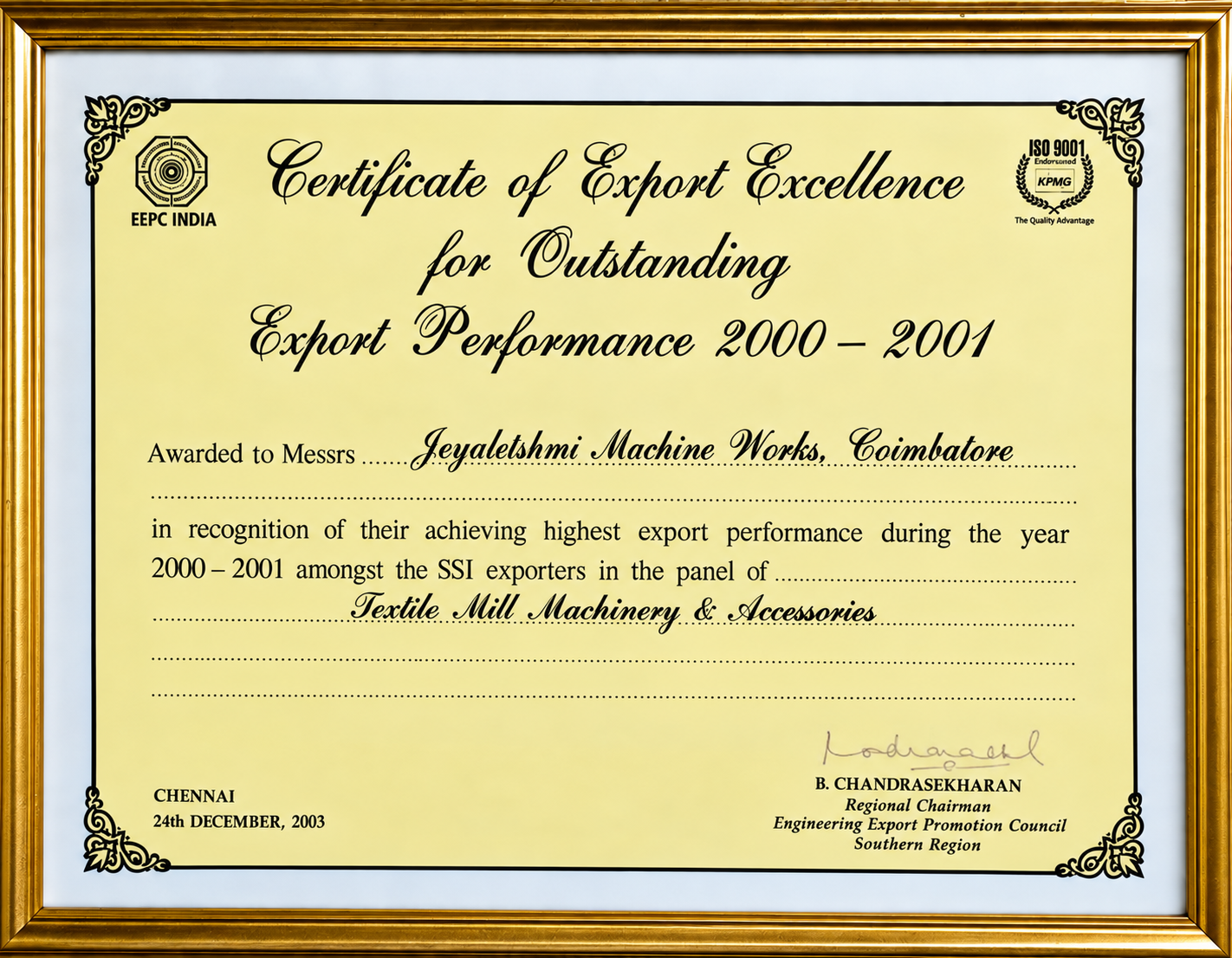 AWARD FOR EXPORT EXCELLENCE certificate