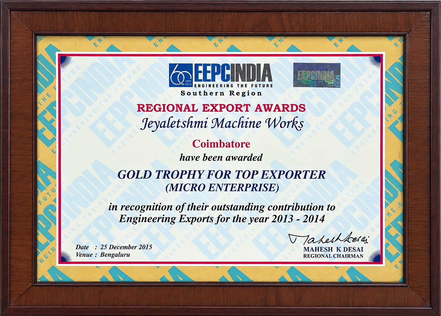 TOP EXPORTER GOLD TROPHY certificate
