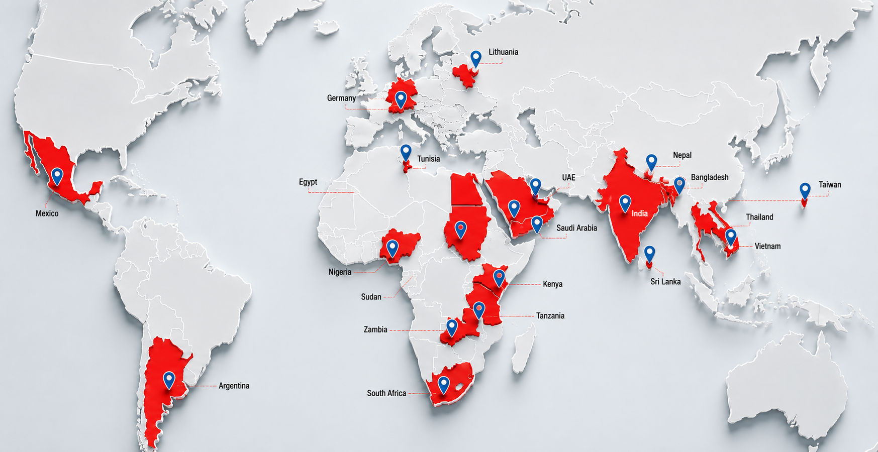 World map highlighting JMW export markets